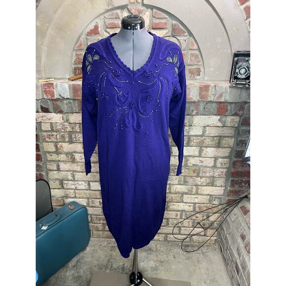 Sweater Dress beaded embellished glam 1980s shoulder pads purple - Picture 1 of 12